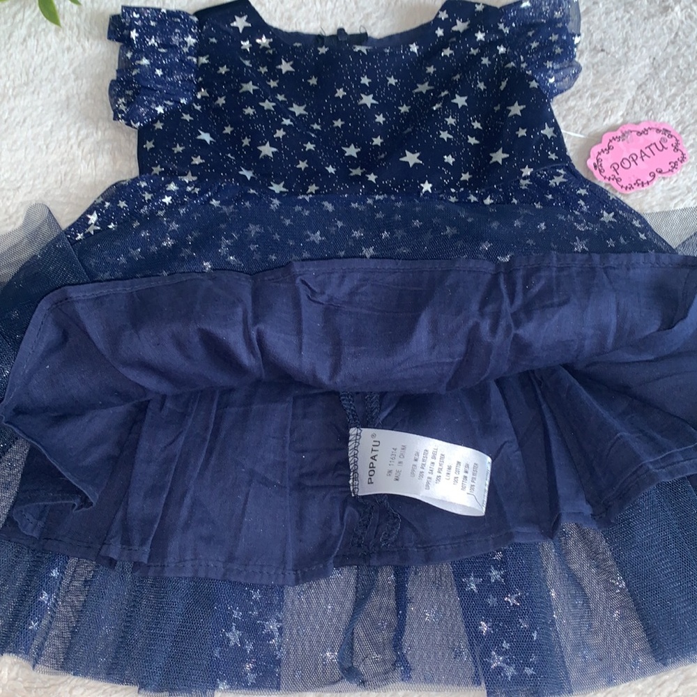 NWT Popatu Navy Blue Silver Stars Dress 12M Tulle Overlay - Picture 6 of 12